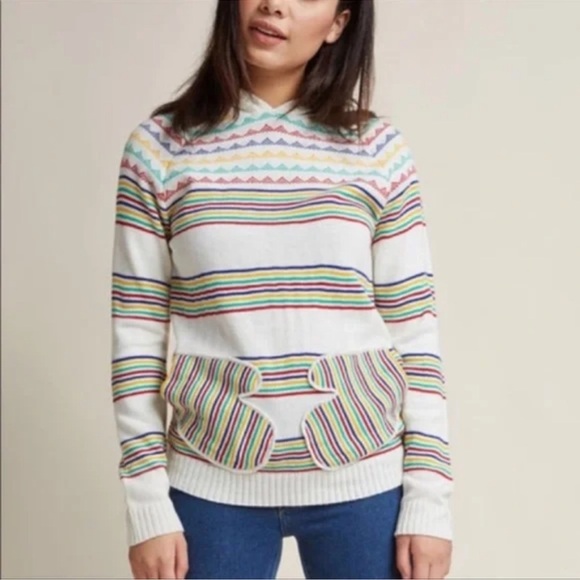 Modcloth Sweaters - Modcloth Smitten Mitten Rainbow Striped Knit Sweater Hoodie Medium